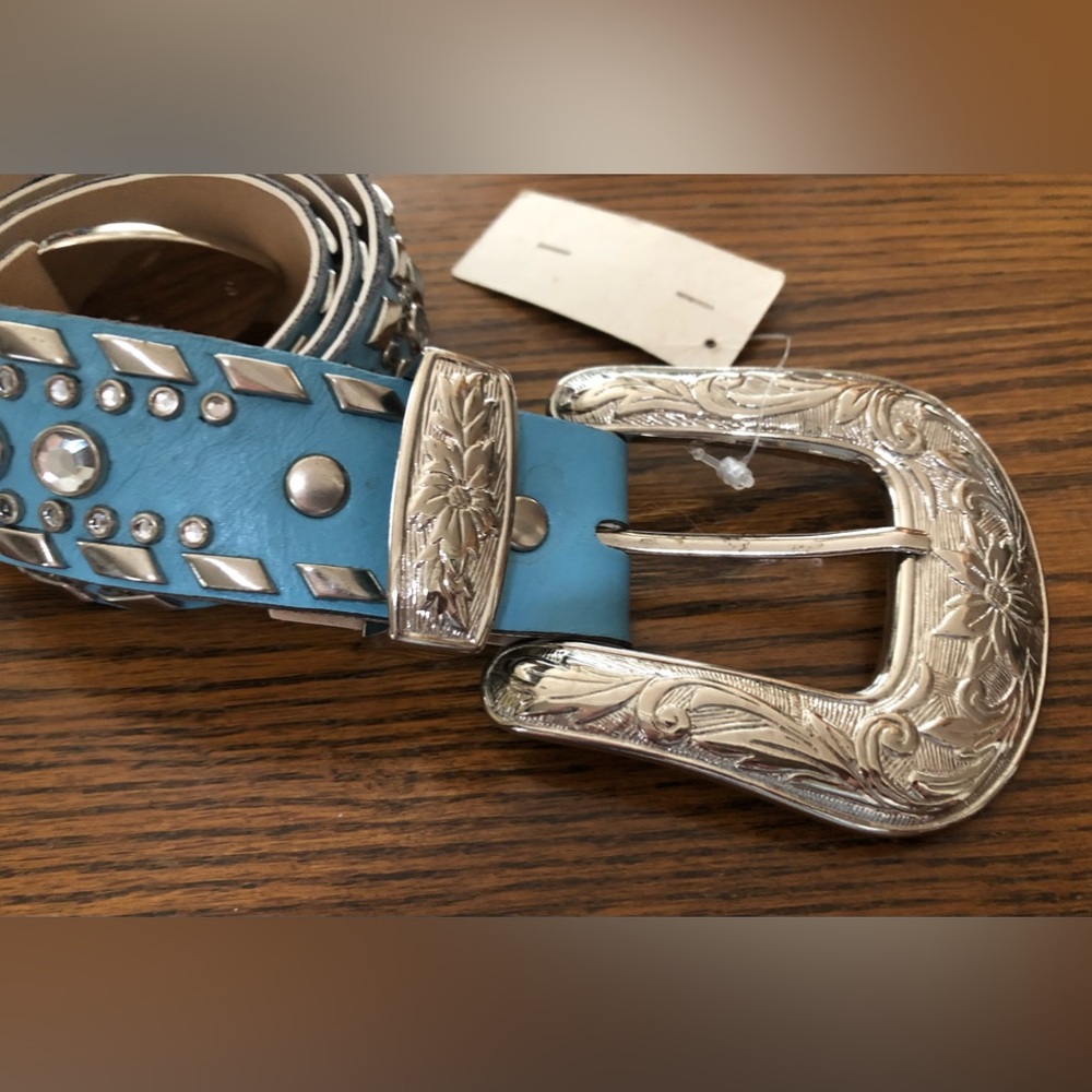 BOCA RATON NEW OLD STK   Vintage EMMON Blue Leather Crystal Studded Belt Sz M